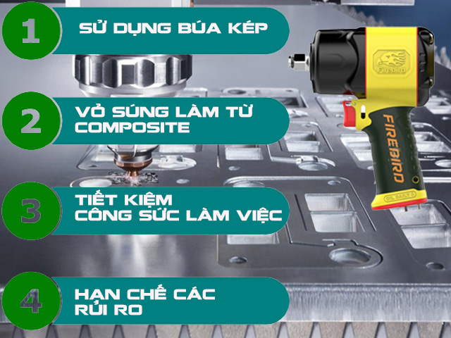 Bốn ưu điểm của súng xiết bu lông khí nén Súng xiết bu lông khí nén Firebird FB-1750P: búa kép, vỏ composite, tiết kiệm công sức, hạn chế rủi ro