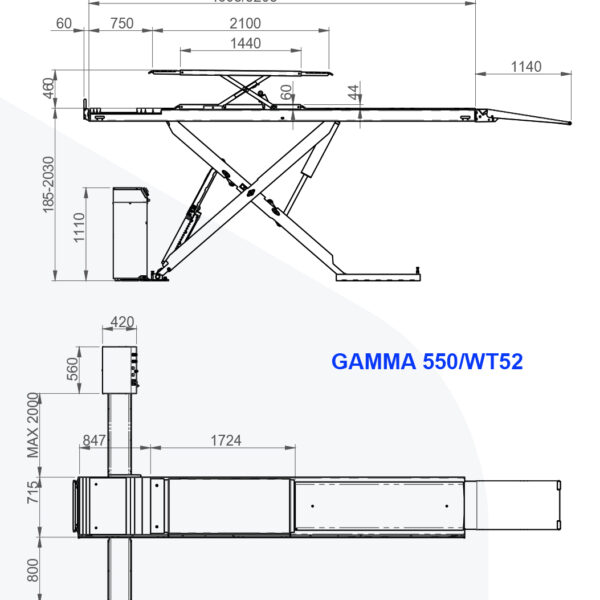 Cầu nâng cắt kéo 2 tầng nâng 5.5 tấn Gamma 550/WT52 5 Bàn nâng dài của cầu nâng cắt kéo Gamma 550 WT52