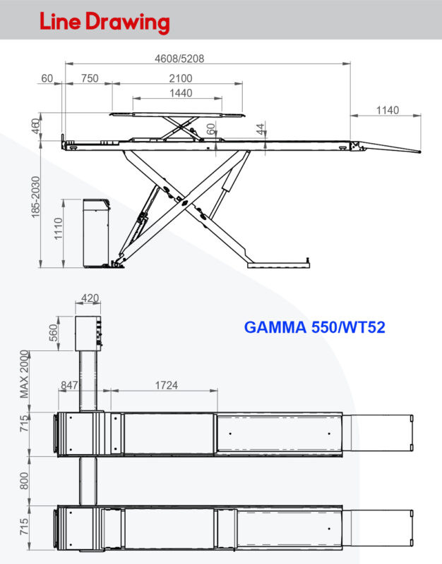 Cầu nâng cắt kéo 2 tầng nâng 5.5 tấn Gamma 550/WT52 10 Bàn nâng dài của cầu nâng cắt kéo Gamma 550 WT52