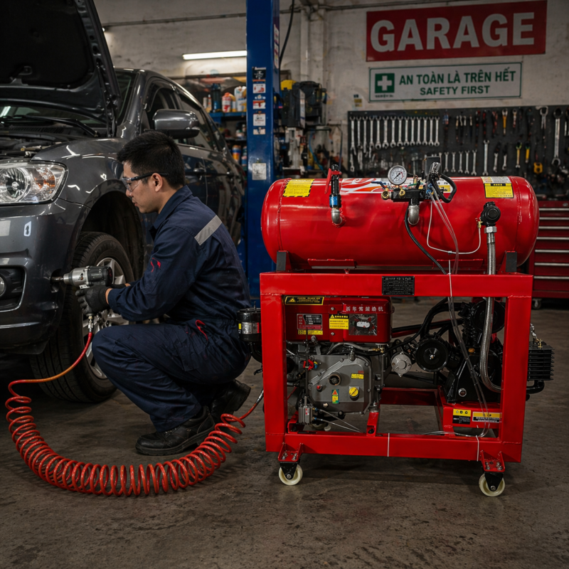 Máy nén khí đầu nổ K12D-160S 12HP là dòng máy diesel 2 cấp nhỏ gọn, áp suất 12.5–15 bar, bình 160L