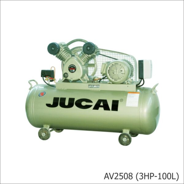 Máy nén khí Jucai 3HP AV2508 7 Máy nén khí Jucai 3HP AV2508 100L là dòng máy công suất lớn dành cho garage ô tô và xưởng dịch vụ chuyên nghiệp