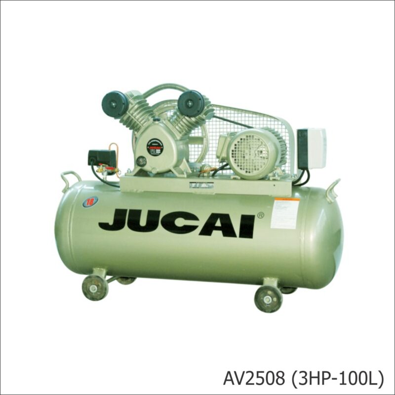 Máy nén khí Jucai 3HP AV2508 8 Máy nén khí Jucai 3HP AV2508 100L là dòng máy công suất lớn dành cho garage ô tô và xưởng dịch vụ chuyên nghiệp