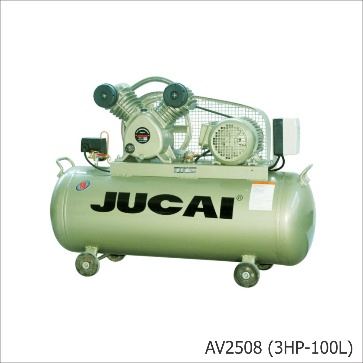 Máy nén khí Jucai 3HP AV2508 4 Máy nén khí Jucai 3HP AV2508 100L là dòng máy công suất lớn dành cho garage ô tô và xưởng dịch vụ chuyên nghiệp