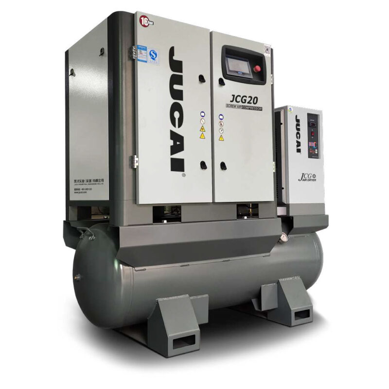 Máy nén khí trục vít JCG-20 20HP, bình 400L, áp 16 bar, kèm sấy và lọc khí, vận hành êm bền bỉ cho garage