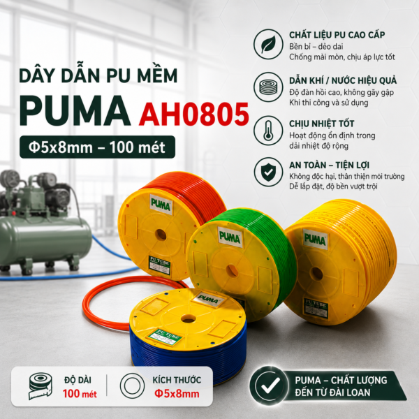 Dây dẫn PU mềm Puma AH0805 (100 mét, Φ5x8mm) 4 Dây dẫn PU mềm Puma AH0805 phi 5x8mm, cuộn 100m, PU 100%, áp lực 10 bar