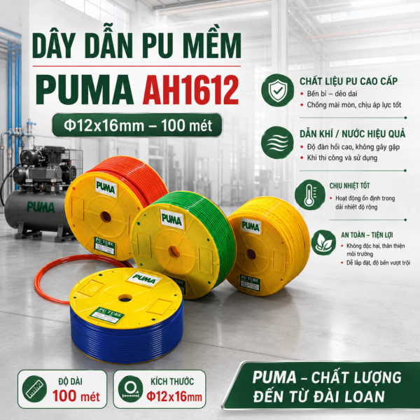 Dây dẫn PU mềm Puma AH1612 phi 12x16mm, cuộn 100m, PU 100%, áp lực 10 bar