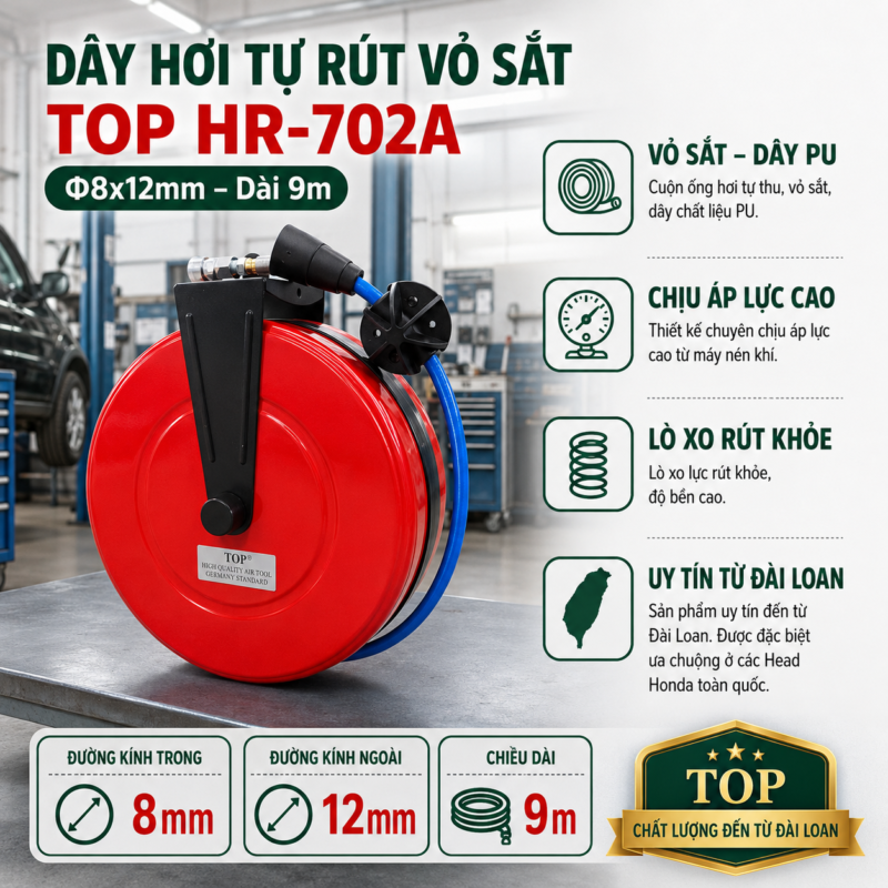 Dây hơi tự rút vỏ sắt HR-720A phi 8x12mm, dài 9m, dây PU tự thu gọn, lực rút khỏe