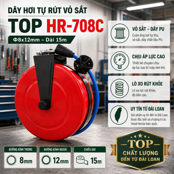 Dây hơi tự rút vỏ sắt HR-708C phi 8x12mm, dài 15m, dây PU tự thu, lực rút khỏe