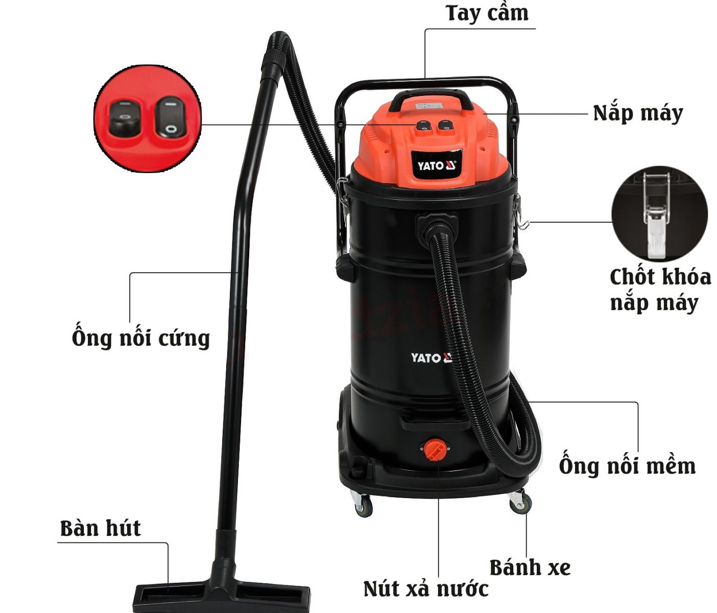 Máy hút bụi công nghiệp YATO 70L YT-85710 dung tích lớn cho nhà xưởng