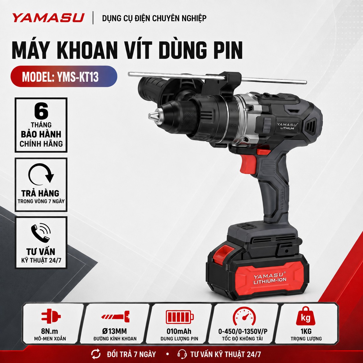 Máy khoan vít pin Yamasu YMS-KT13 20V tải nặng, đầu kẹp Autolock Ø13mm 1 Máy khoan vít pin Yamasu YMS-KT13 20V tải nặng, đầu kẹp Autolock Ø13mm