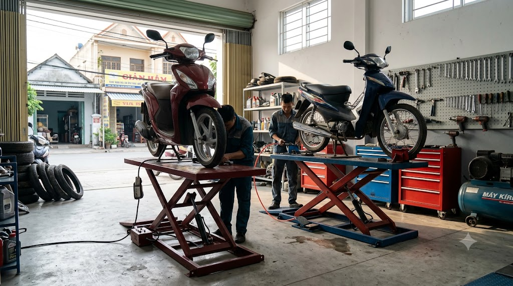 bàn nâng xe máy điện thủy lực
