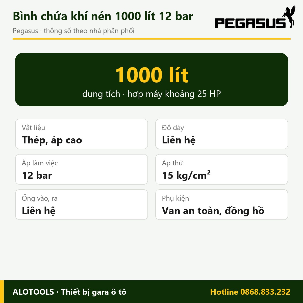Bình chứa khí nén 1000 lít 12 bar Pegasus, áp cao, kiểm định 15 bar 2 bình chứa khí nén 1000 lít 12 bar - hình 2