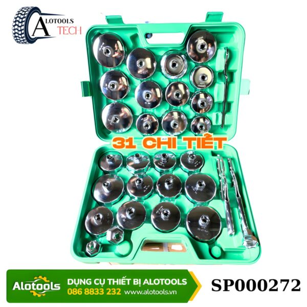 Bộ chén tháo cốc lọc nhớt ô tô 31 chi tiết xếp trong hộp nhựa xanh Alotools