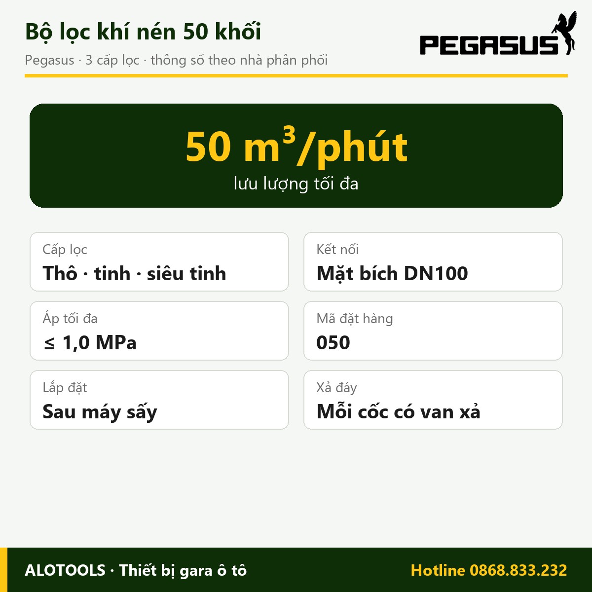 Bộ lọc khí nén 50 khối Pegasus 3 cấp, mặt bích dn100 2 bộ lọc khí nén 50 khối - hình 2