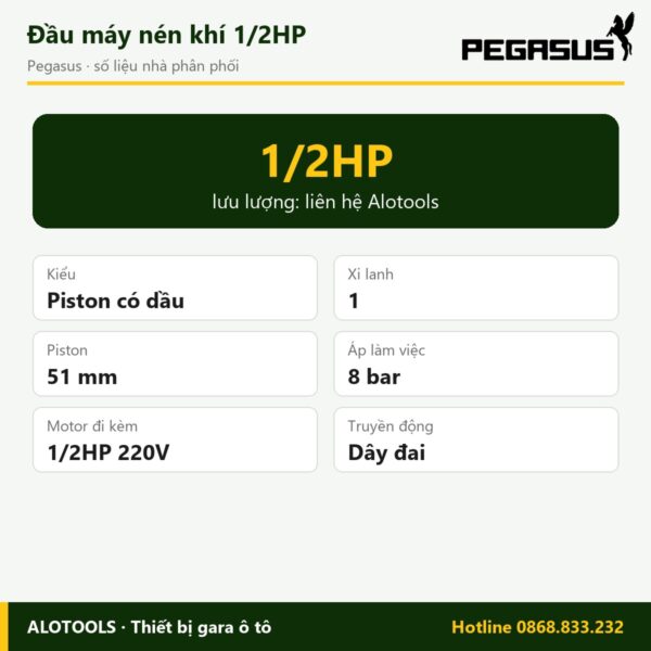 Đầu máy nén khí 1/2HP Pegasus 1 xi lanh, áp 8 bar 4 đầu máy nén khí 1/2HP - hình 2