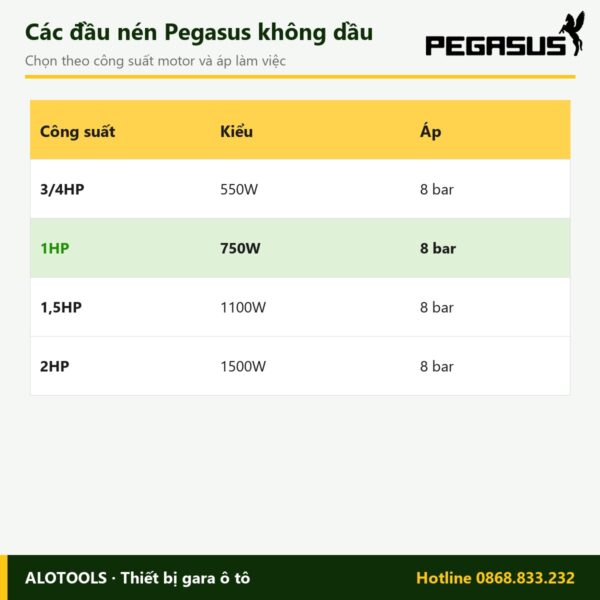 Đầu máy nén khí không dầu 1HP Pegasus (750W), điện 220V 5 đầu máy nén khí không dầu 1HP - hình 3