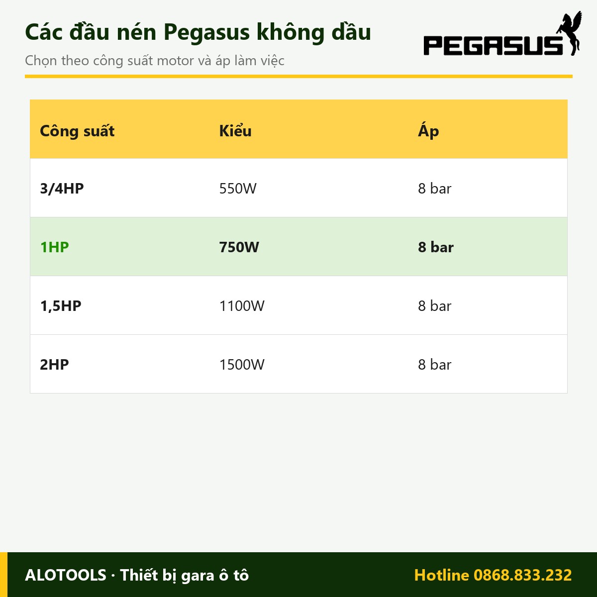 Đầu máy nén khí không dầu 1HP Pegasus (750W), điện 220V 3 đầu máy nén khí không dầu 1HP - hình 3