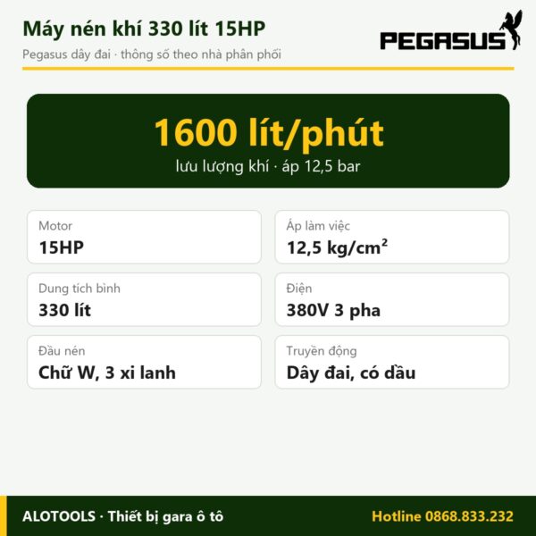 Máy nén khí 330 lít 15HP Pegasus dây đai, áp 12,5 bar, điện 380V