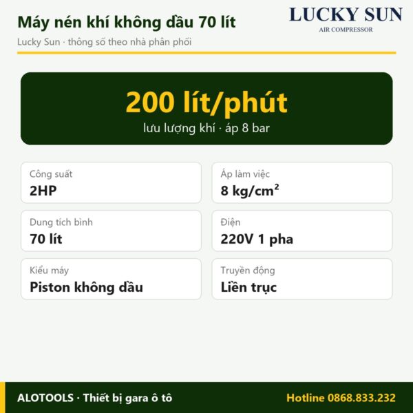 Máy nén khí không dầu Lucky Sun 70 lít 2HP, khí sạch, điện 220V 4 máy nén khí không dầu Lucky Sun 70 lít 2HP - hình 2