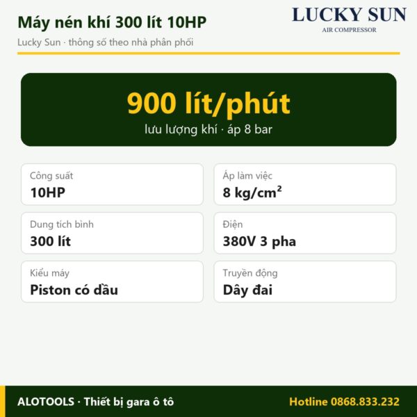 Máy nén khí Lucky Sun 300 lít 10HP dây đai, áp 8 bar, điện 380V 4 máy nén khí Lucky Sun 300 lít 10HP 8 bar - hình 2