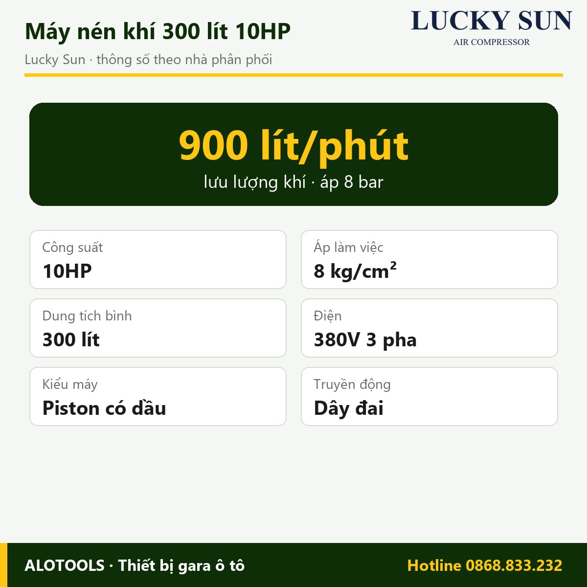 Máy nén khí Lucky Sun 300 lít 10HP dây đai, áp 8 bar, điện 380V 2 máy nén khí Lucky Sun 300 lít 10HP 8 bar - hình 2