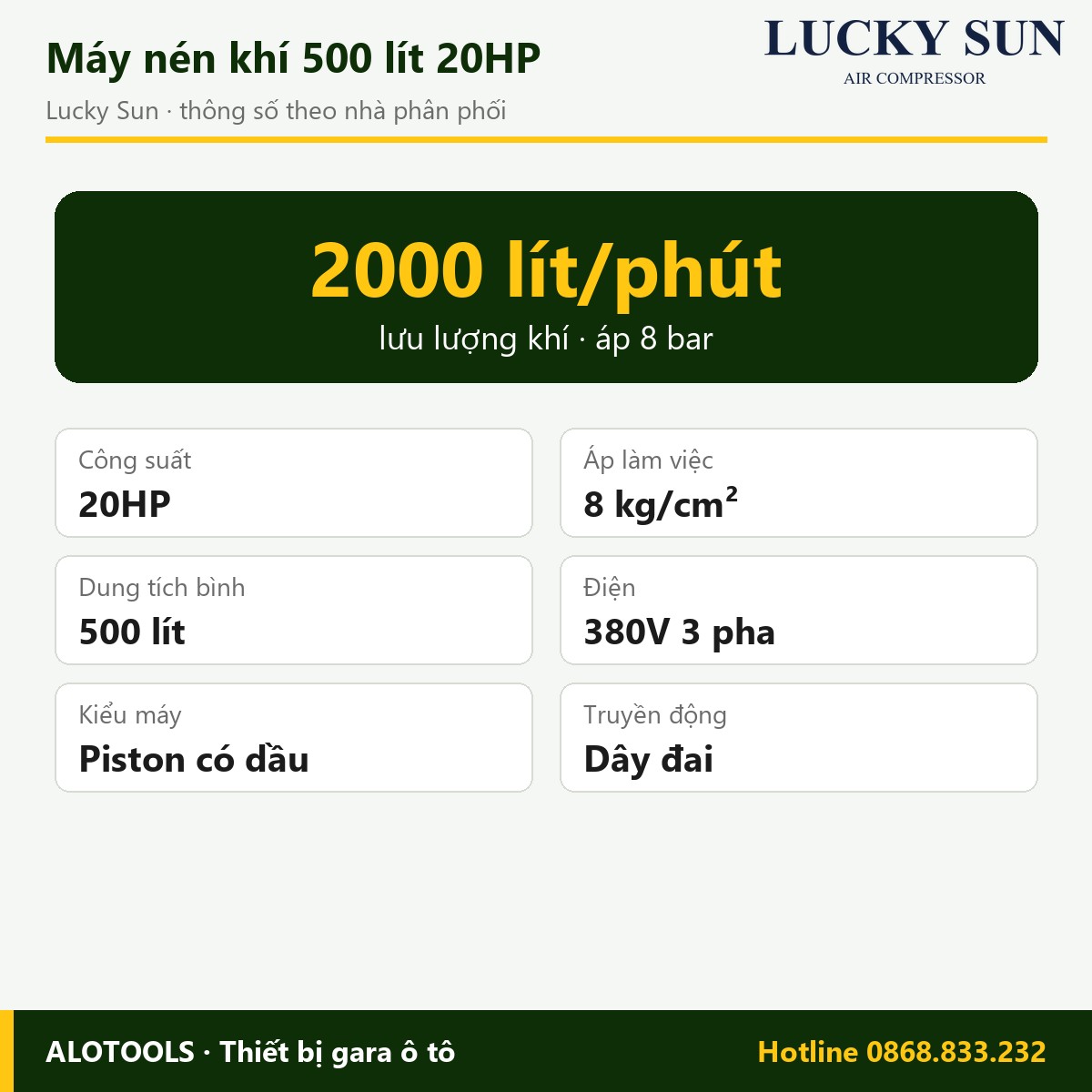 Máy nén khí Lucky Sun 500 lít 20HP dây đai, áp 8 bar, điện 380V 2 máy nén khí Lucky Sun 500 lít 20HP 8 bar - hình 2