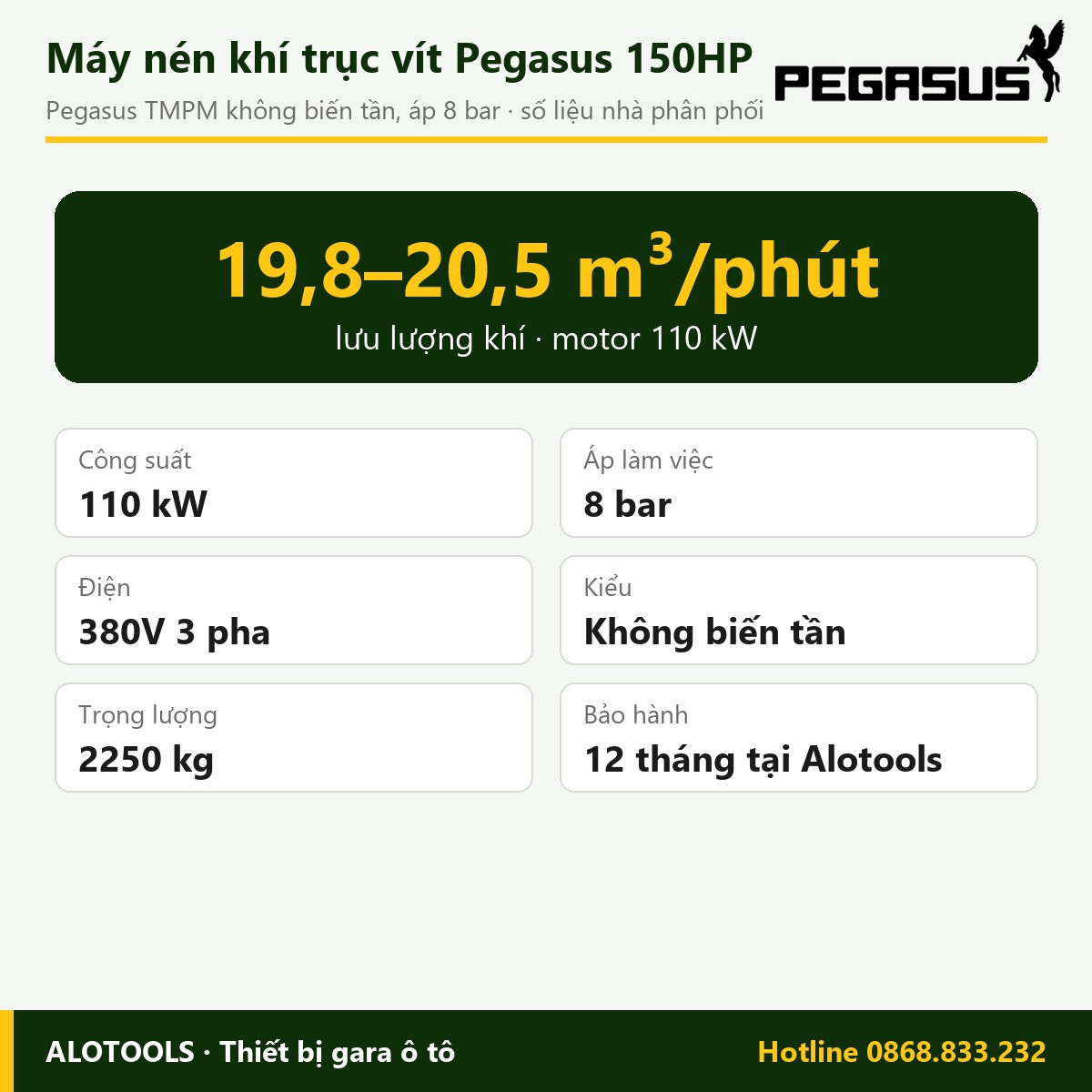 Máy nén khí trục vít Pegasus 150HP (110 kW), áp 8 bar, điện 380V 3 máy nén khí trục vít Pegasus 150HP - hình 2
