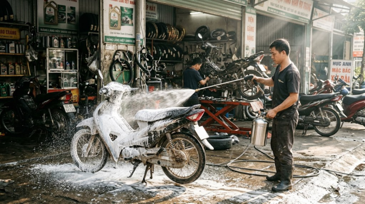 pha bột rửa xe không chạm với bình bọt tuyết inox