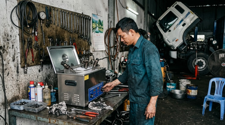súc béc xe tải bằng máy rửa kim phun siêu âm