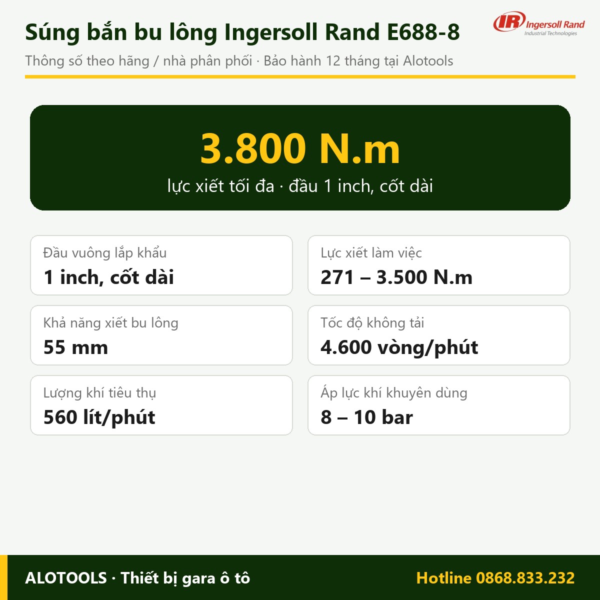 Súng bắn bu lông Ingersoll Rand E688-8 1 inch, lực xiết 3.800 N.m 12 Súng bắn bu lông Ingersoll Rand E688-8 - bảng thông số