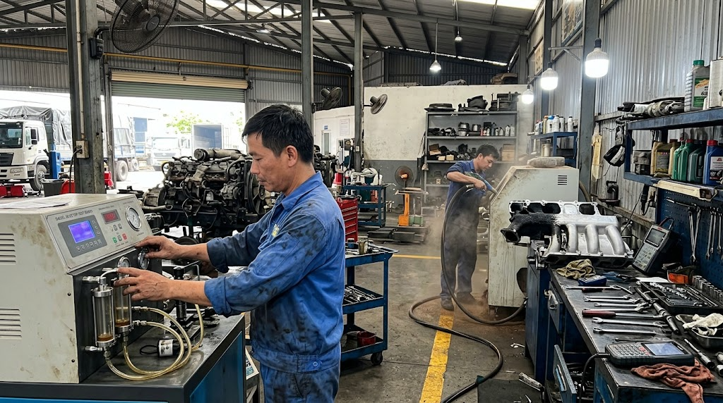 thiết bị vệ sinh họng nạp buồng đốt và test kim phun diesel xe tải