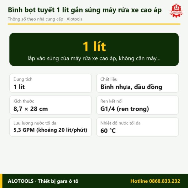 bình bọt tuyết 1 lít gắn máy rửa - thông số