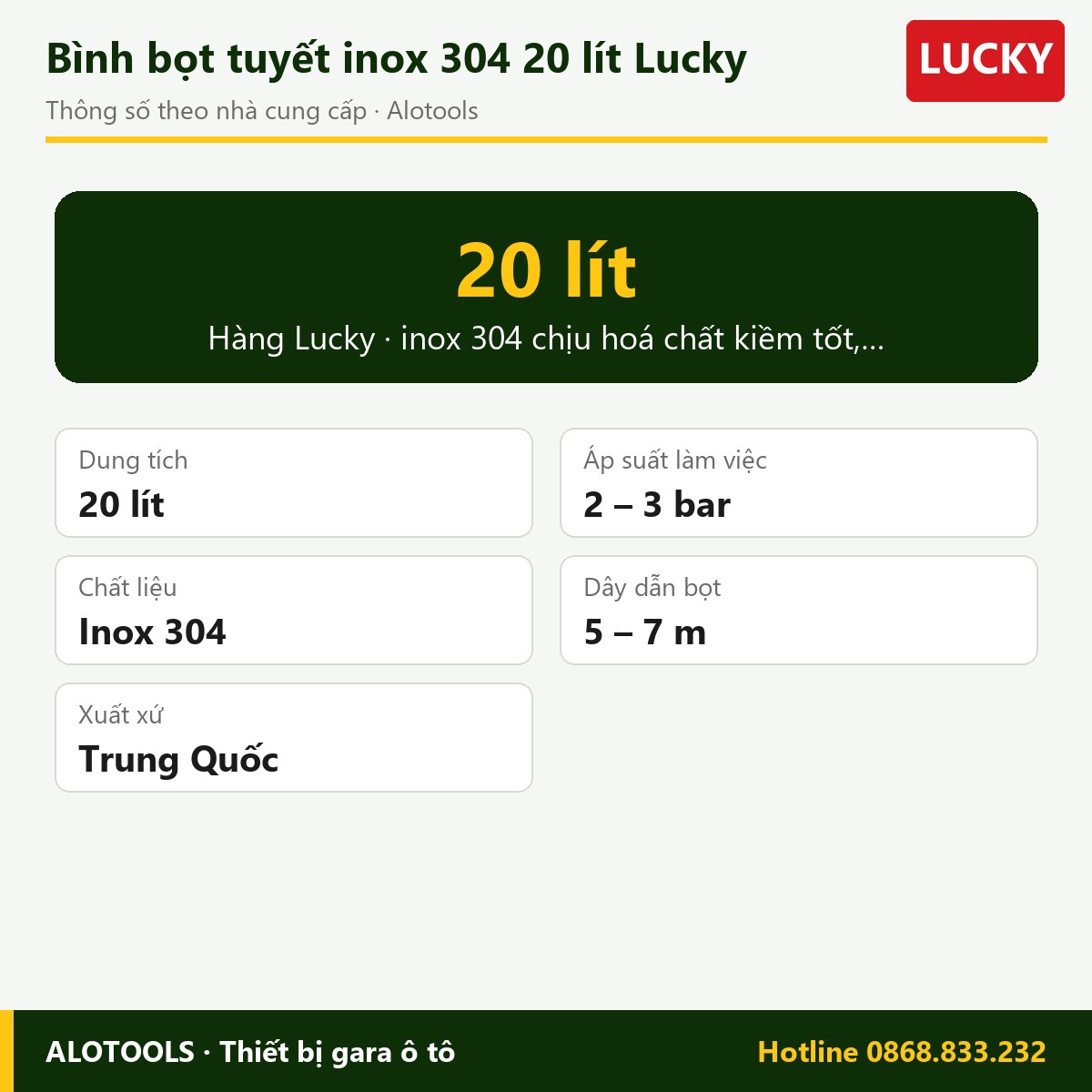 Bình bọt tuyết inox 304 20 lít Lucky 2 bình bọt tuyết inox 20 lít Lucky - thông số