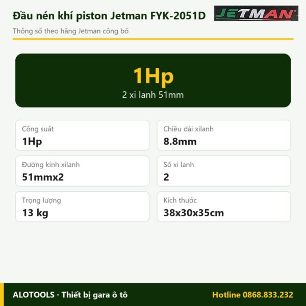 Đầu nén khí Jetman FYK-2051D 1Hp, 2 xi lanh 51mm 5 Thông số đầu nén khí Jetman FYK-2051D