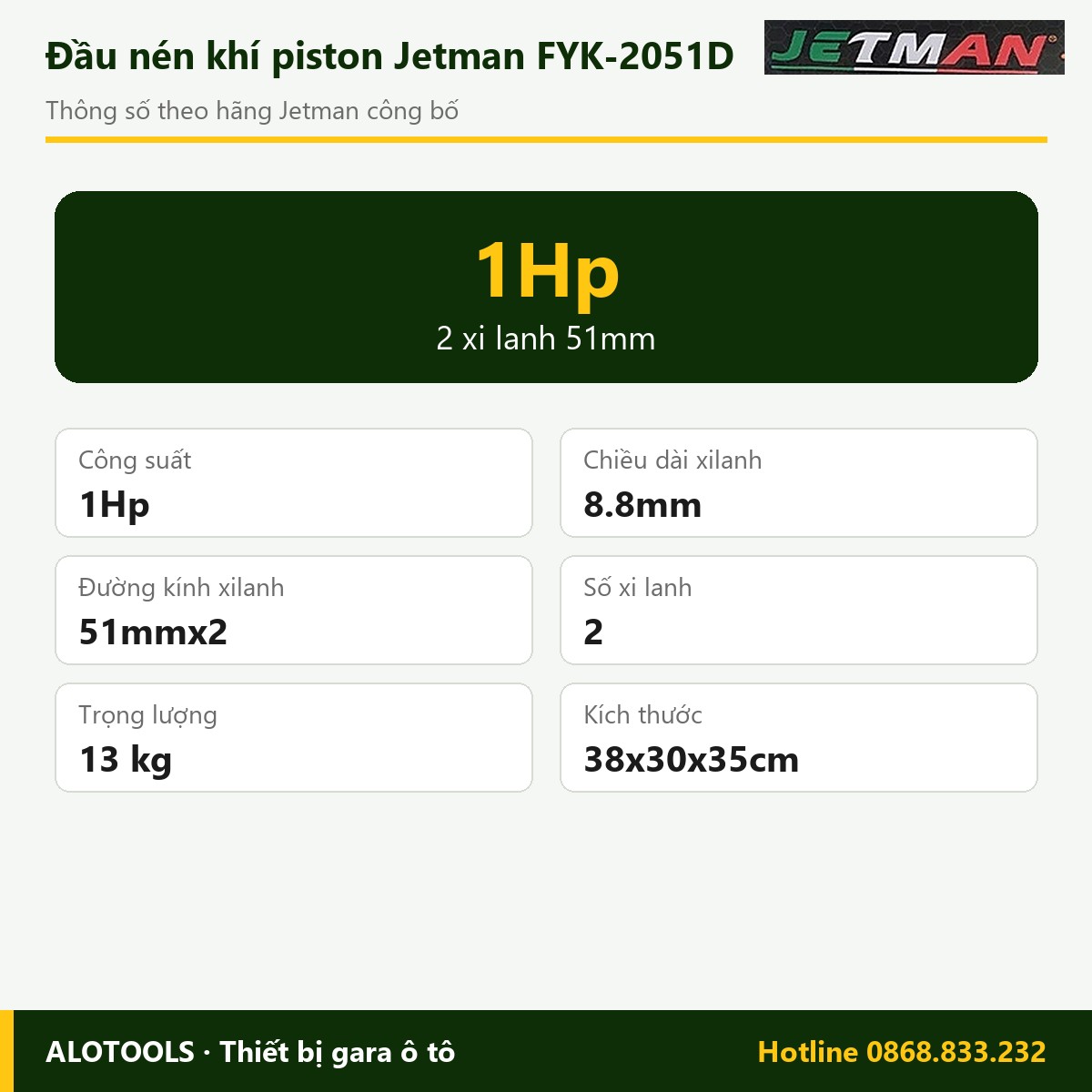 Đầu nén khí Jetman FYK-2051D 1Hp, 2 xi lanh 51mm 2 Thông số đầu nén khí Jetman FYK-2051D