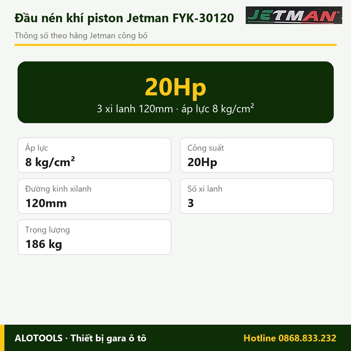 Đầu nén khí Jetman FYK-30120 20Hp, 3 xi lanh 120mm 2 Thông số đầu nén khí Jetman FYK-30120