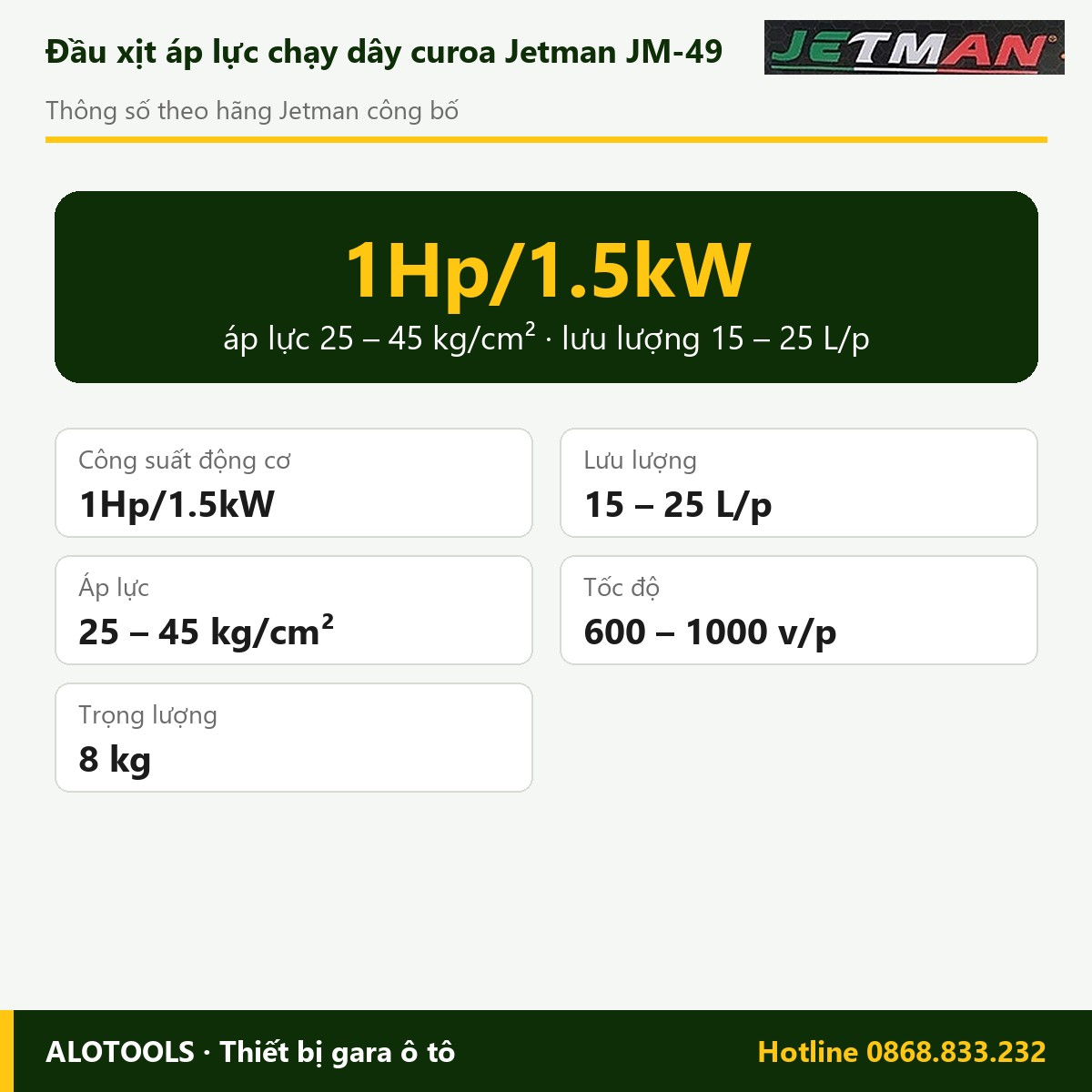 Đầu xịt áp lực Jetman JM-49 1Hp/1.5kW, áp lực 25 – 45 kg/cm² 2 Thông số đầu xịt áp lực Jetman JM-49