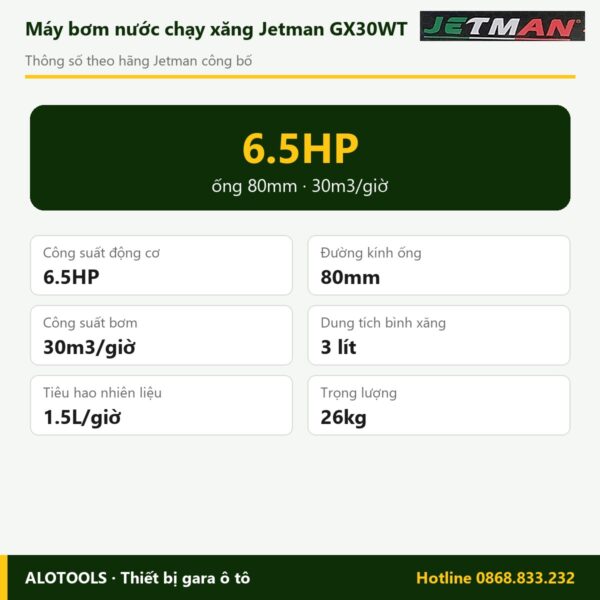 Thông số máy bơm nước chạy xăng Jetman GX30WT