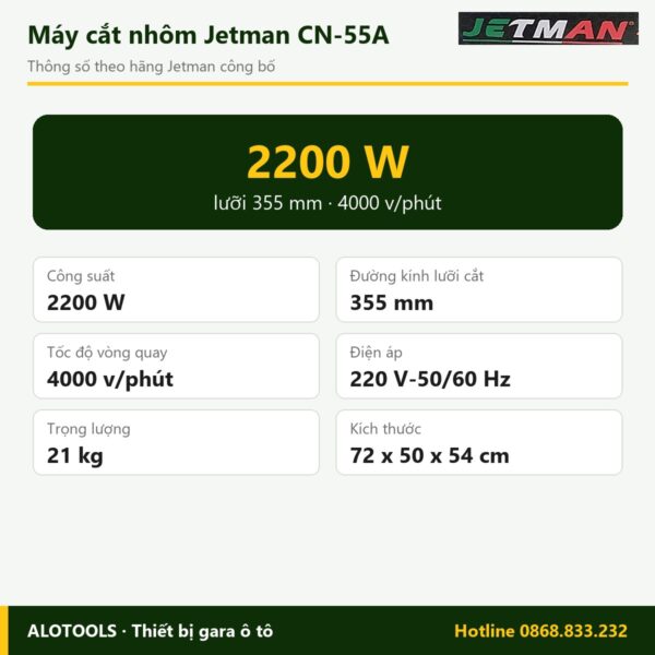 Máy cắt nhôm Jetman CN-55A 2200 W, lưỡi 355 mm 5 Thông số máy cắt nhôm Jetman CN-55A