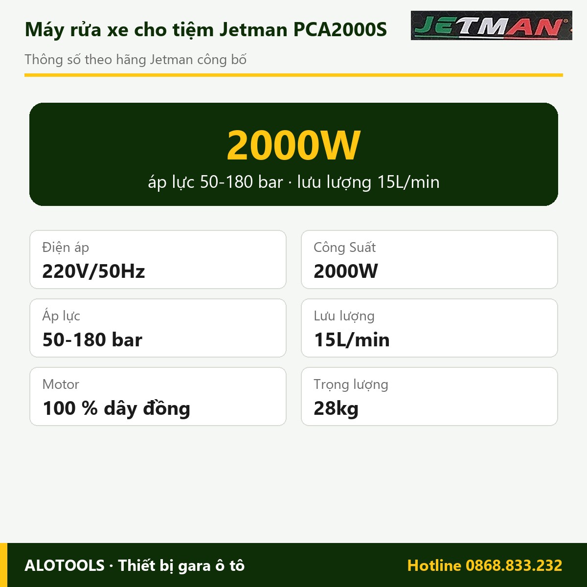 Máy rửa xe Jetman PCA2000S 2000W, áp lực 50-180 bar 2 Thông số máy rửa xe Jetman PCA2000S