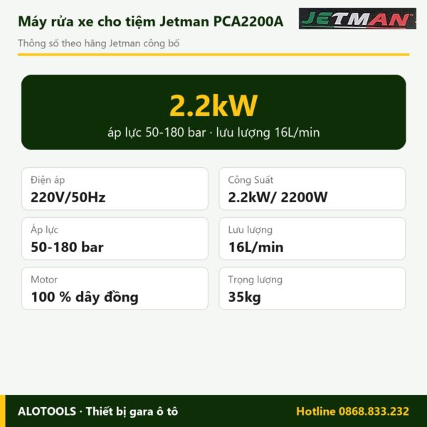 Máy rửa xe Jetman PCA2200A 2.2kW, áp lực 50-180 bar 5 Thông số máy rửa xe Jetman PCA2200A