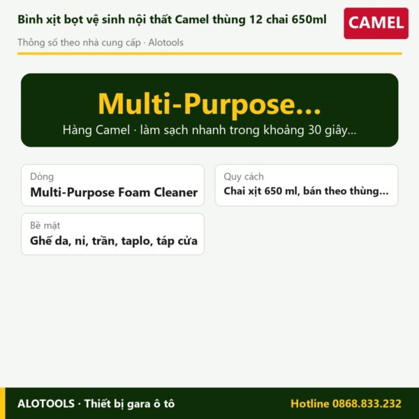 Bình xịt bọt vệ sinh nội thất Camel thùng 12 chai 650ml 5 vệ sinh nội thất Camel - thông số