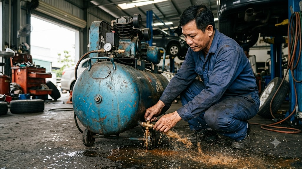 Xả đáy bình nén khí và xử lý đường hơi tụ nước 2 xả đáy bình nén khí