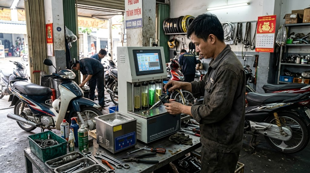 xe máy FI hao xăng rung giật do kẹt kim phun